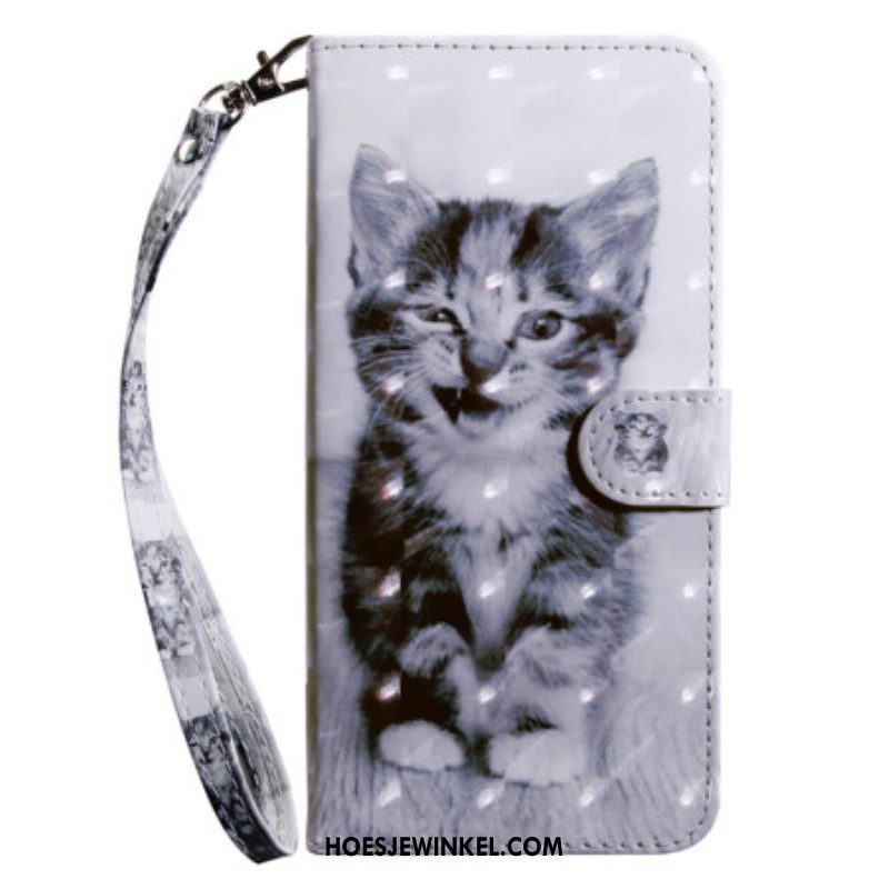 Leren Hoesje voor Samsung Galaxy S23 5G Met Ketting Grijze Kitten Met Riem