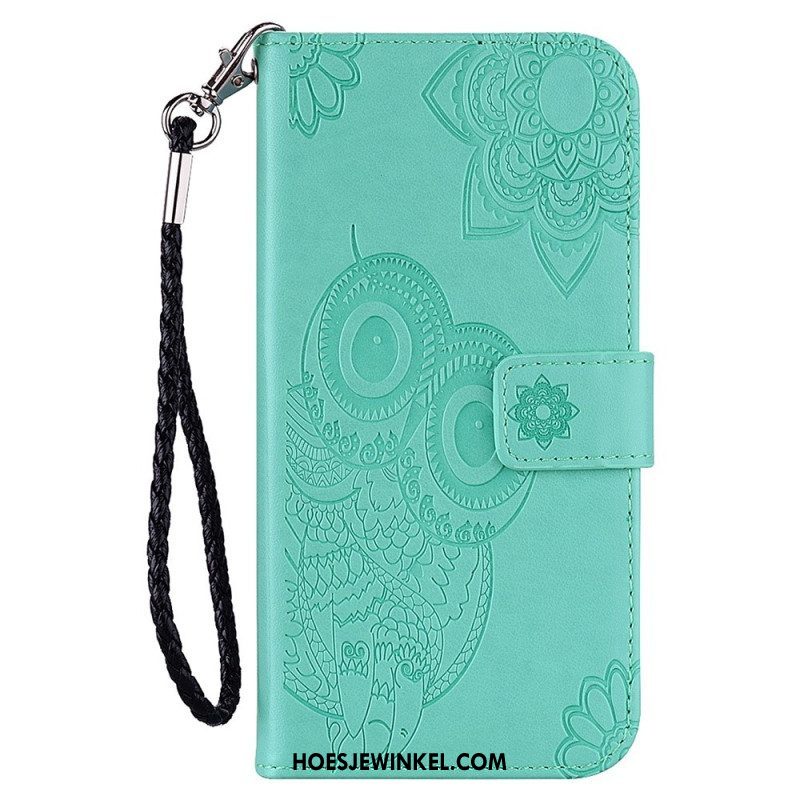 Leren Hoesje voor Samsung Galaxy S23 5G Uil Mandala En Lanyard