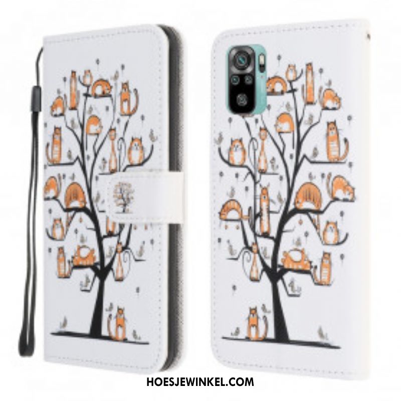 Leren Hoesje voor Xiaomi Redmi Note 10 / 10S Met Ketting Funky Cats Met Riem