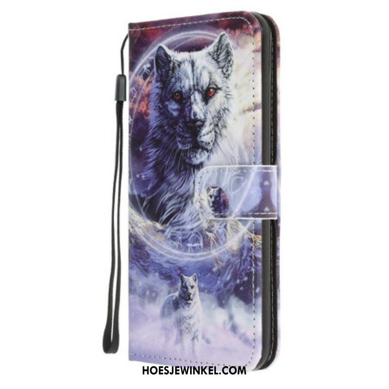 Leren Hoesje voor iPhone 13 Pro Wolf In De Winter Met Sleutelkoord