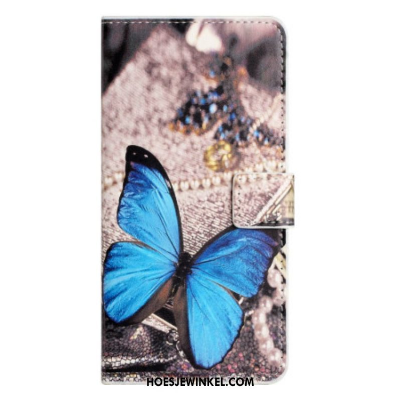 Leren Hoesje voor iPhone 14 Blauwe Vlinder