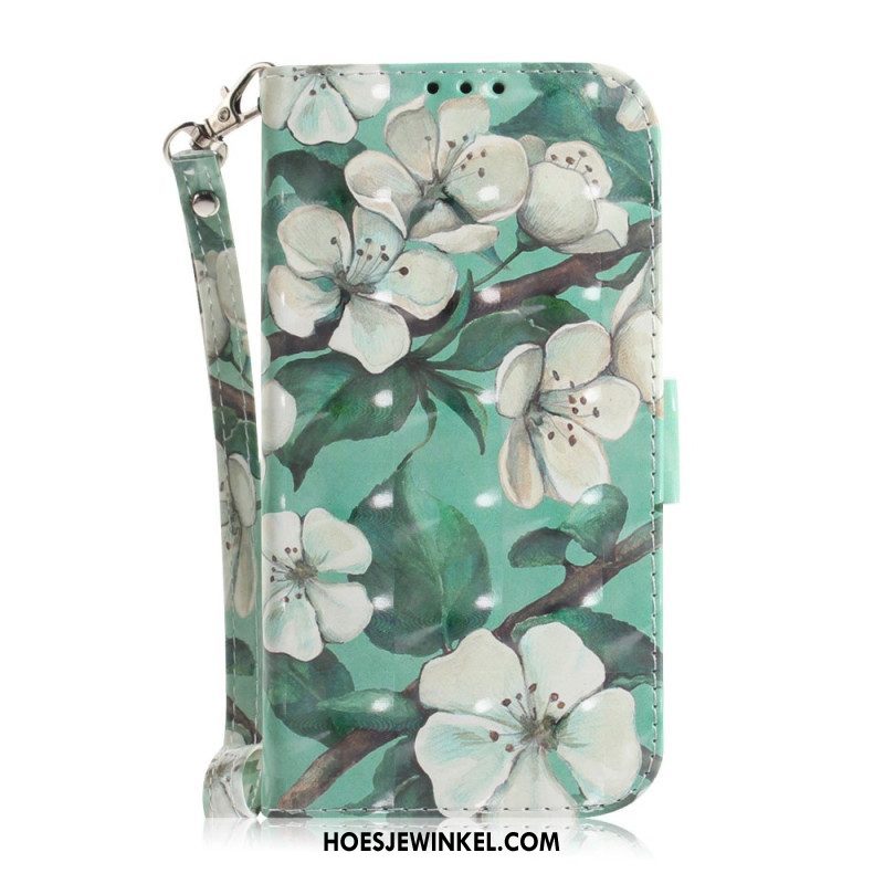 Leren Hoesje voor iPhone 14 Plus Met Ketting Riem Bloemtakken