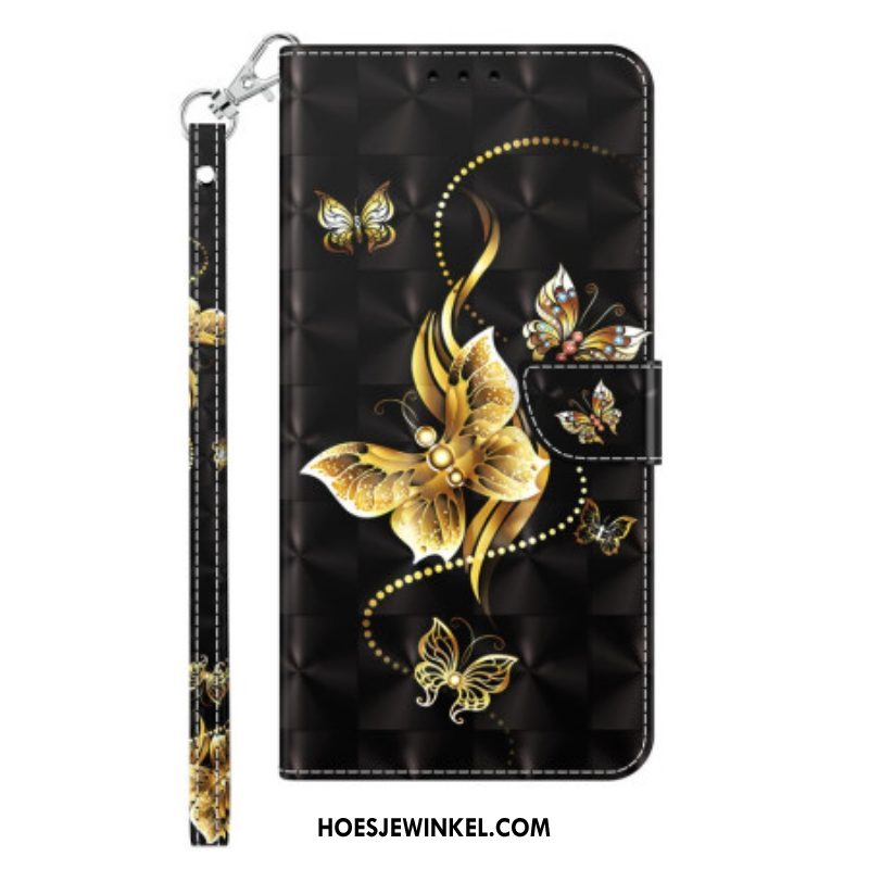 Leren Hoesje voor iPhone 14 Pro Met Ketting Gouden Vlinders Met Riem