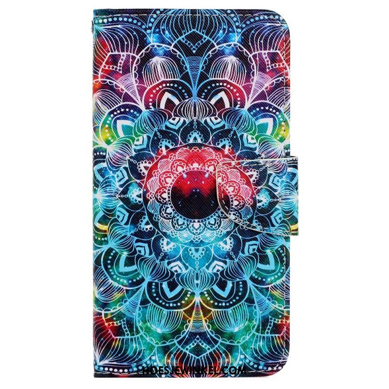 Leren Hoesje voor iPhone 15 Met Ketting Kleurrijke Mandala Met Bandje