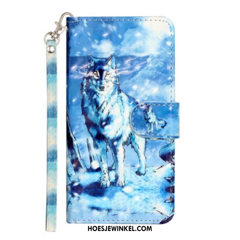 Leren Hoesje voor iPhone 15 Plus Met Ketting 3d Wolf Met Riem