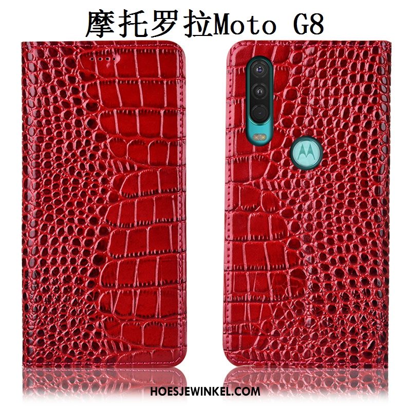 Moto G8 Hoesje Rood Anti-fall Bescherming, Moto G8 Hoesje Hoes Echt Leer