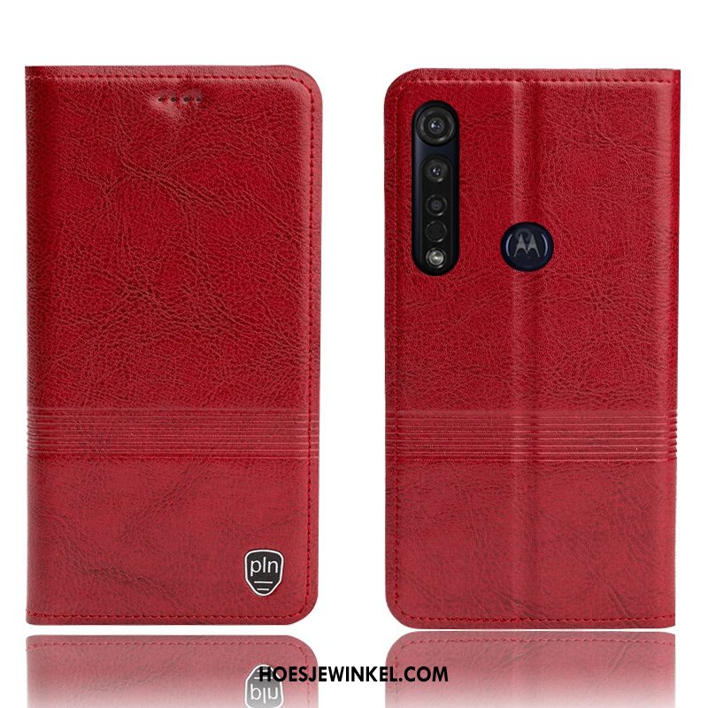 Moto G8 Plus Hoesje Anti-fall Echt Leer Hoes, Moto G8 Plus Hoesje Rood Folio