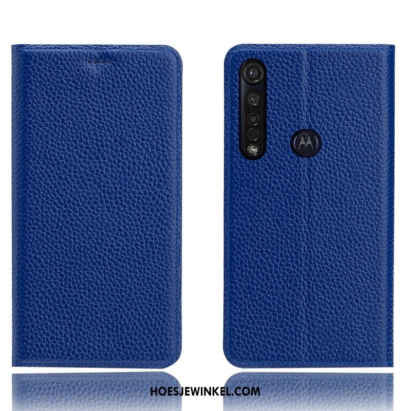 Moto G8 Plus Hoesje Anti-fall Folio Blauw, Moto G8 Plus Hoesje Echt Leer Mobiele Telefoon