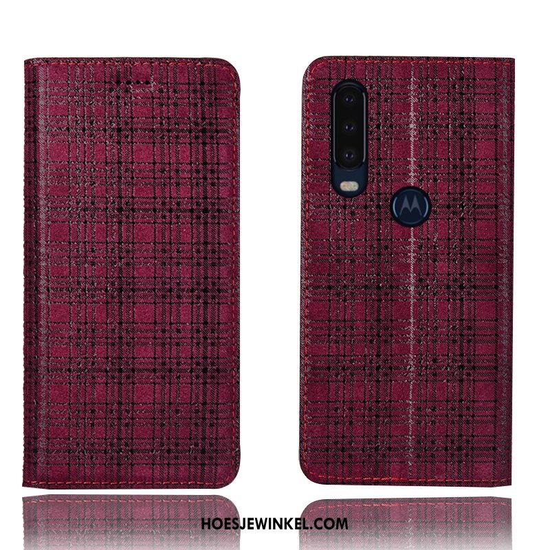 Motorola One Action Hoesje Folio Leren Etui Bescherming, Motorola One Action Hoesje Mobiele Telefoon Rood