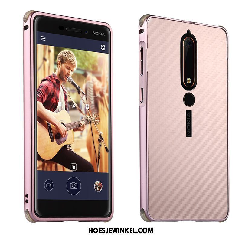 Nokia 6.1 Hoesje Mobiele Telefoon Omlijsting Fiber, Nokia 6.1 Hoesje Rose Goud Hoes