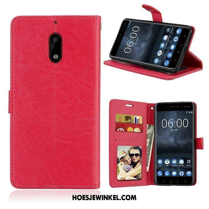 Nokia 6 Hoesje Leren Etui Anti-fall Folio, Nokia 6 Hoesje Bescherming Rood