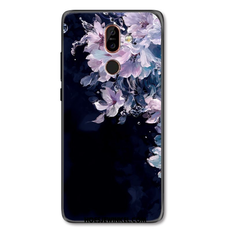 Nokia 7 Plus Hoesje Donkerblauw Kat Reliëf, Nokia 7 Plus Hoesje Bescherming Mobiele Telefoon