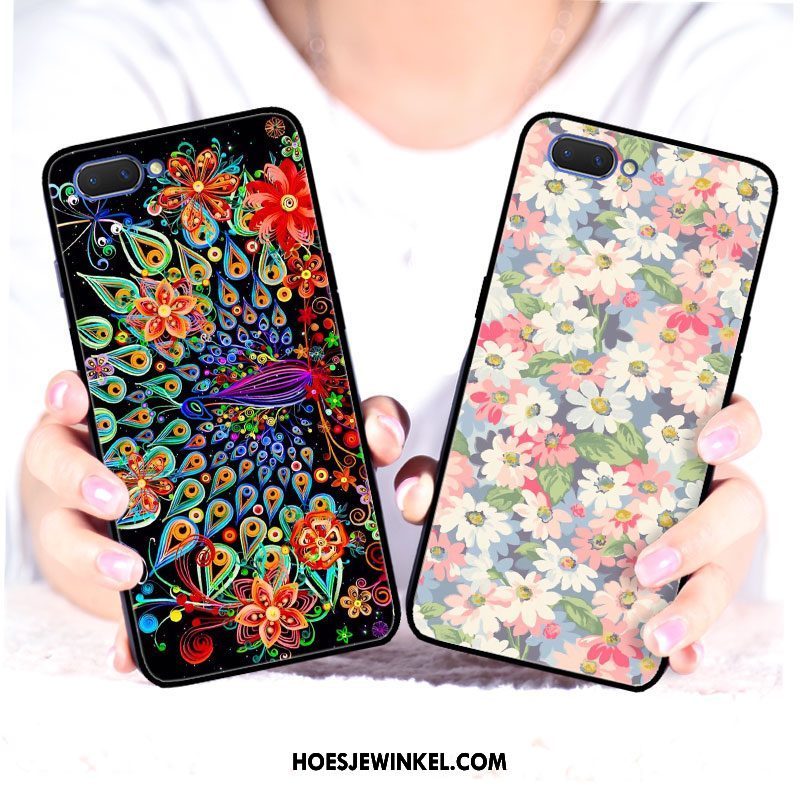 Oppo A3s Hoesje Mobiele Telefoon Vintage Bloemen, Oppo A3s Hoesje Pauwen Zwart