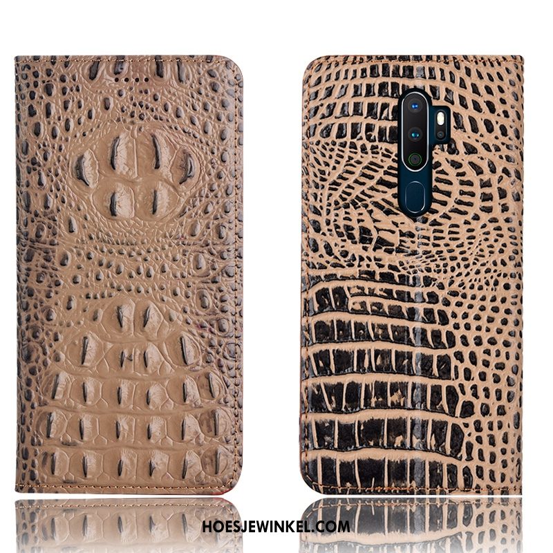 Oppo A9 2020 Hoesje Anti-fall Echt Leer Leren Etui, Oppo A9 2020 Hoesje Hoes Krokodil Braun