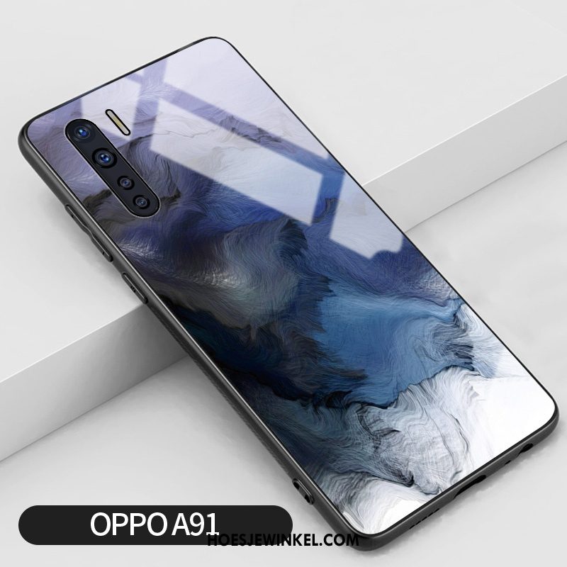 Oppo A91 Hoesje Glas Eenvoudige Graffiti, Oppo A91 Hoesje Spiegel Anti-fall