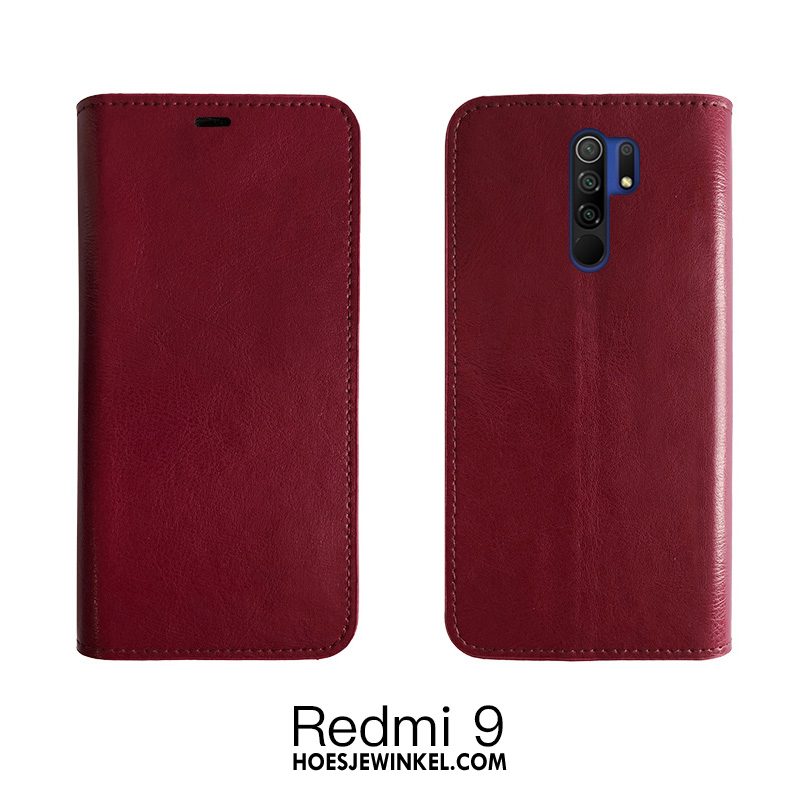 Redmi 9 Hoesje Mobiele Telefoon Leer Folio, Redmi 9 Hoesje Echt Leer Bedrijf Beige