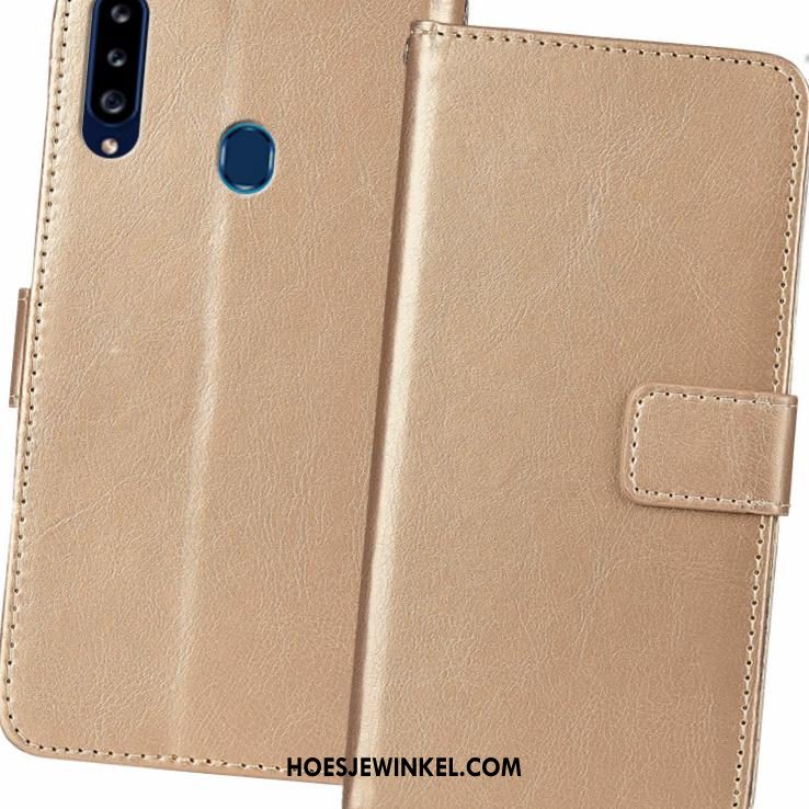 Samsung Galaxy A20s Hoesje Goud Portemonnee Folio, Samsung Galaxy A20s Hoesje Echt Leer Ster