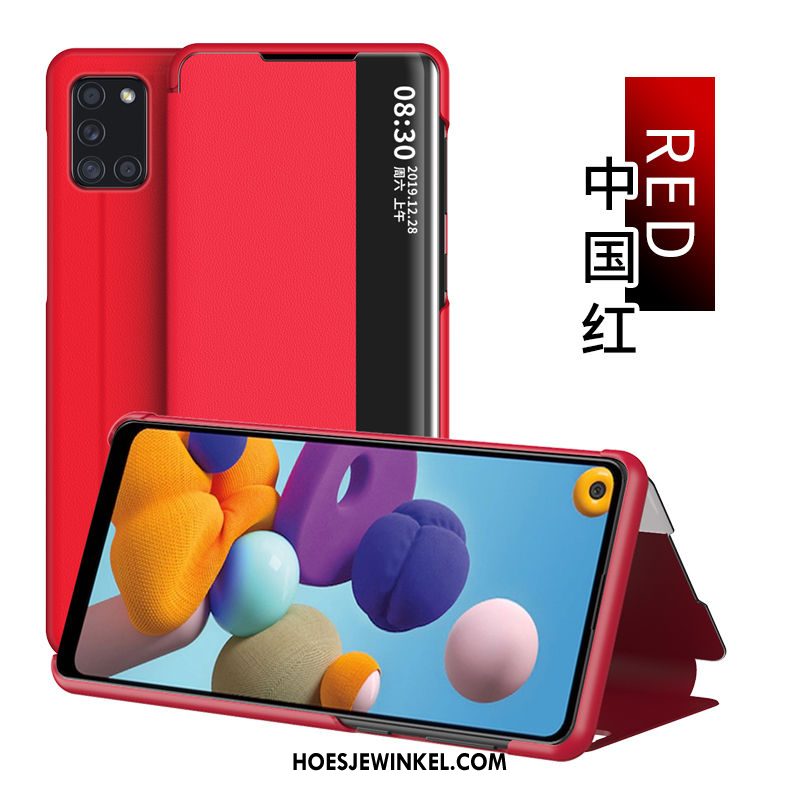 Samsung Galaxy A21s Hoesje Leren Etui Folio Bescherming, Samsung Galaxy A21s Hoesje Rood Windows