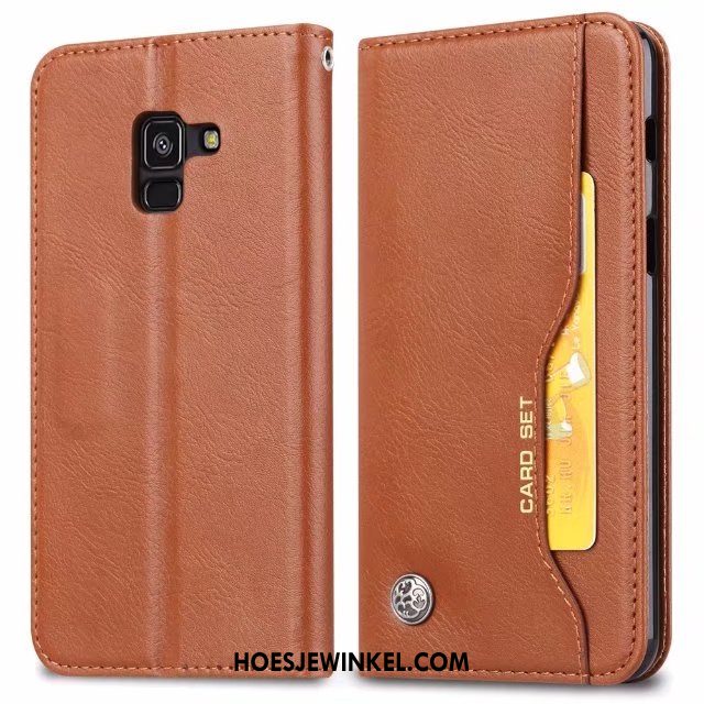 Samsung Galaxy A8 2018 Hoesje Kaart Ster Folio, Samsung Galaxy A8 2018 Hoesje Licht Leren Etui Braun