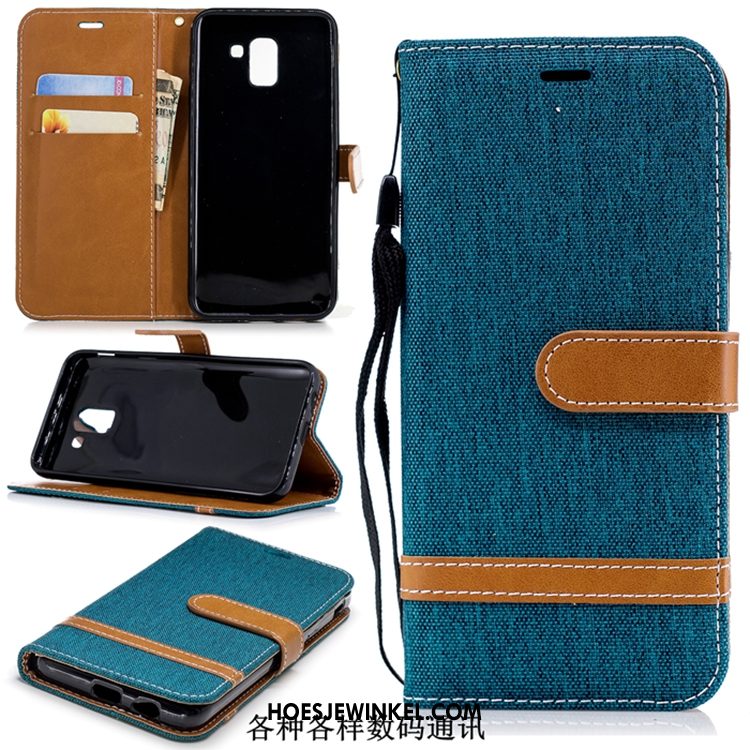 Samsung Galaxy J6 Hoesje Leren Etui Folio Blauw, Samsung Galaxy J6 Hoesje Mobiele Telefoon Denim