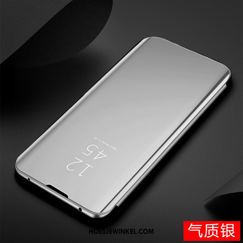 Samsung Galaxy Note 10+ Hoesje Zilver Leren Etui Ster, Samsung Galaxy Note 10+ Hoesje Folio Spiegel