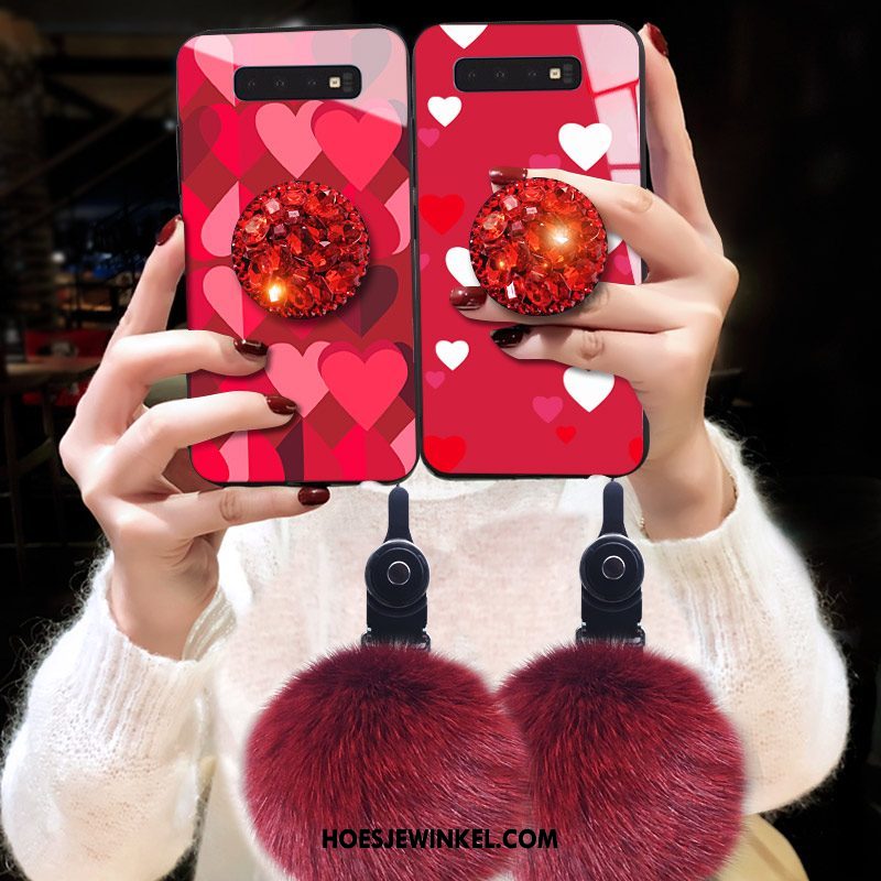 Samsung Galaxy S10+ Hoesje Glas Ster Net Red, Samsung Galaxy S10+ Hoesje Bescherming Pompom