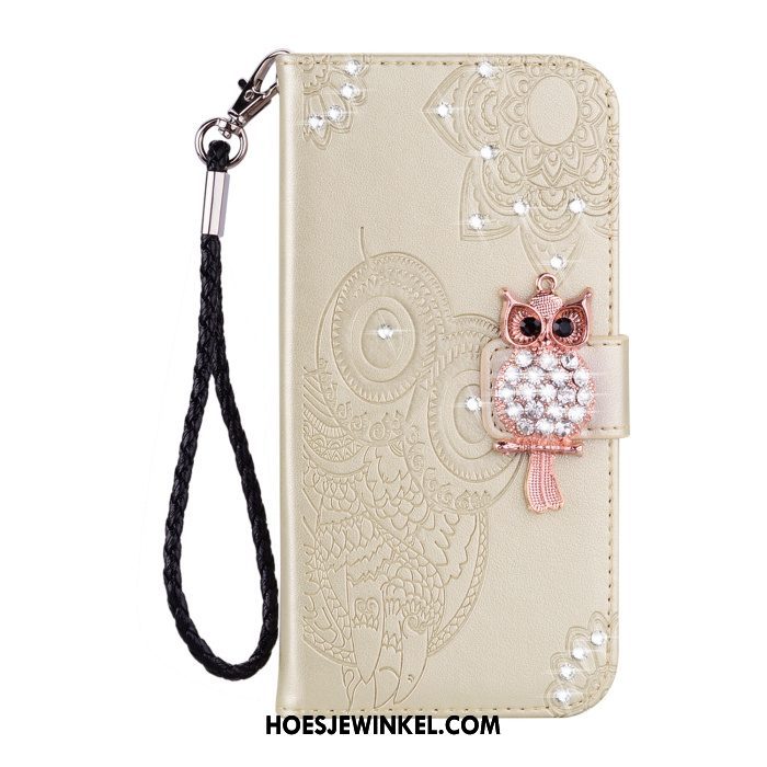 Samsung Galaxy S10e Hoesje Goud Folio Kat, Samsung Galaxy S10e Hoesje Leren Etui Met Strass