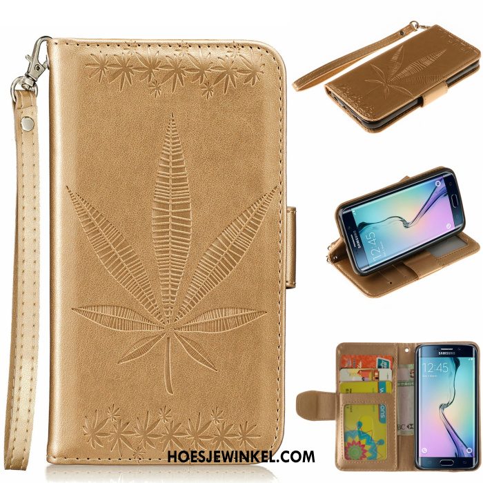 Samsung Galaxy S6 Edge Hoesje Goud Leren Etui Bescherming, Samsung Galaxy S6 Edge Hoesje Ster Folio