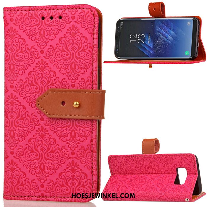 Samsung Galaxy S8 Hoesje Echt Leer Klittenband Leren Etui, Samsung Galaxy S8 Hoesje Rood Ster