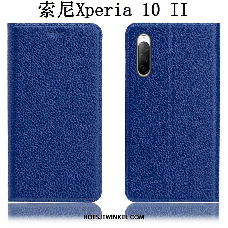 Sony Xperia 10 Ii Hoesje Bescherming Echt Leer Anti-fall, Sony Xperia 10 Ii Hoesje Hoes Blauw