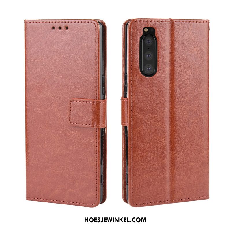 Sony Xperia 5 Hoesje Bescherming Leren Etui Mobiele Telefoon, Sony Xperia 5 Hoesje Folio Patroon Braun