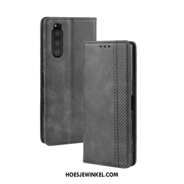 Sony Xperia 5 Hoesje Leren Etui Magnetisch Zwart, Sony Xperia 5 Hoesje Mobiele Telefoon Portemonnee