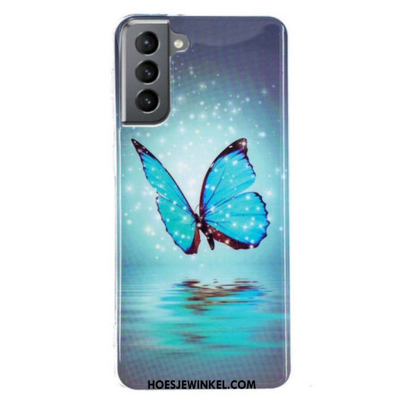 Telefoonhoesje voor Samsung Galaxy S21 FE Fluorescerende Blauwe Vlinder