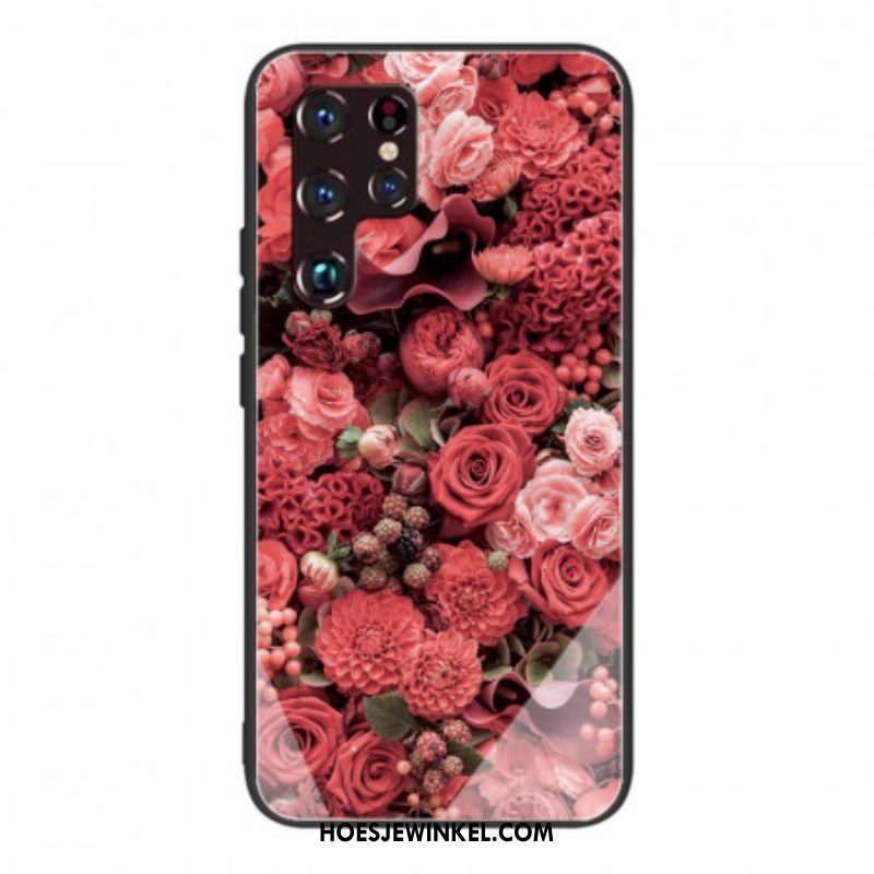 Telefoonhoesje voor Samsung Galaxy S22 Ultra 5G Rose Bloemen Gehard Glas