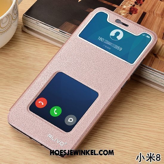 Xiaomi Mi 8 Hoesje Trend All Inclusive Leren Etui, Xiaomi Mi 8 Hoesje Roze Schrobben Beige