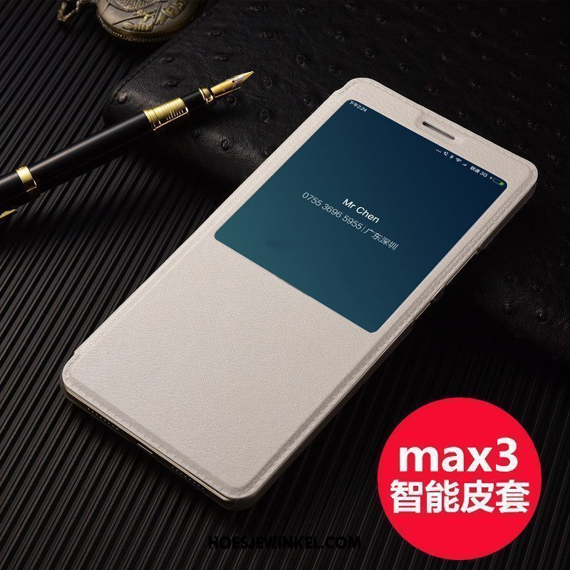 Xiaomi Mi Max 3 Hoesje Folio Leren Etui Wit, Xiaomi Mi Max 3 Hoesje Hoes Mini Beige