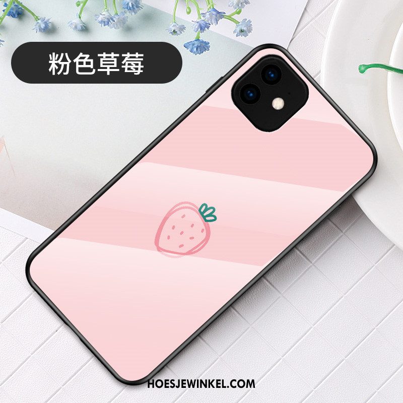 iPhone 11 Hoesje Aardbei Eenvoudige Roze, iPhone 11 Hoesje Trendy Merk Glas