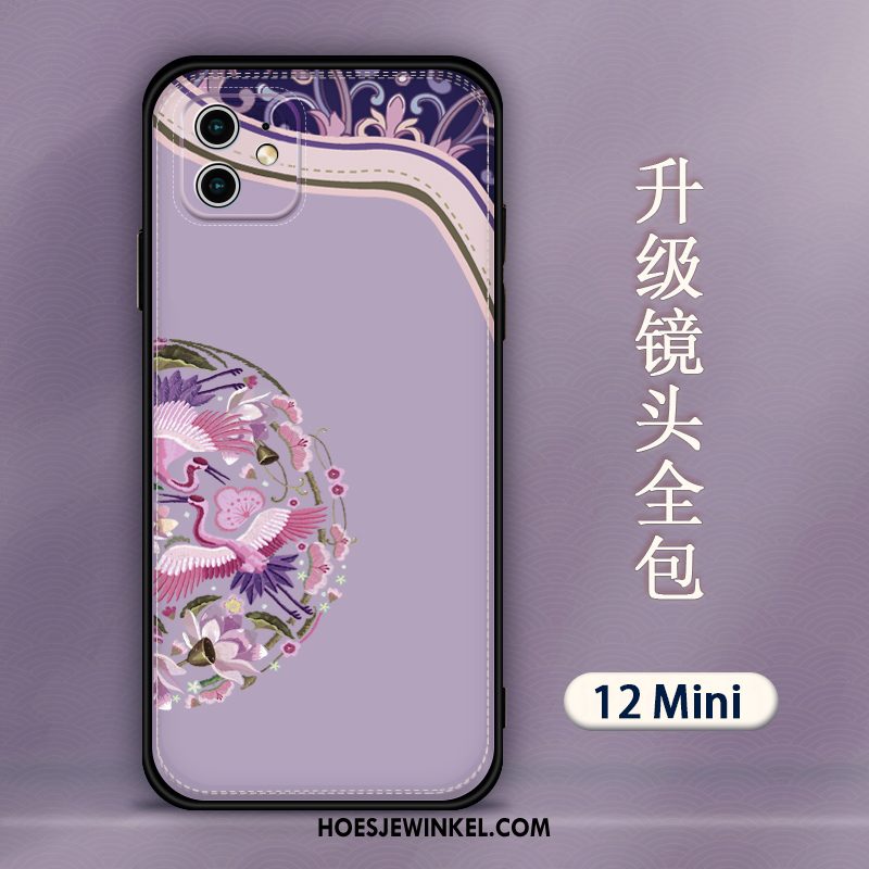 iPhone 12 Mini Hoesje Purper Borduurwerk Siliconen, iPhone 12 Mini Hoesje Hoes Hanger