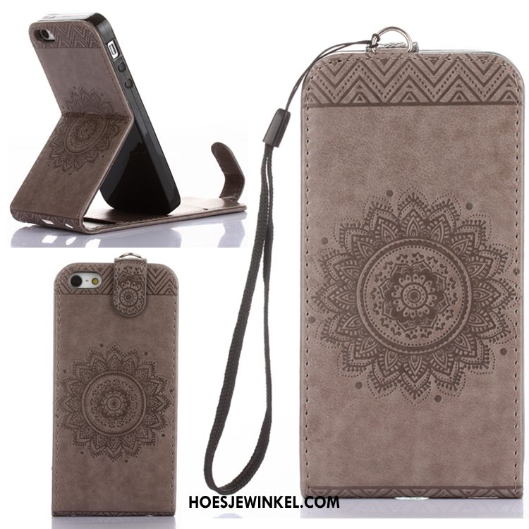 iPhone Se Hoesje Grijs Leren Etui Folio, iPhone Se Hoesje Mobiele Telefoon Hanger