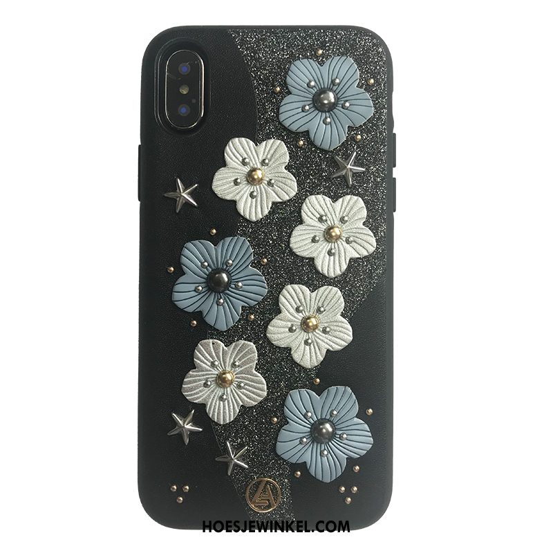 iPhone X Hoesje Roze Zwart Bloemen, iPhone X Hoesje Blauw Bescherming