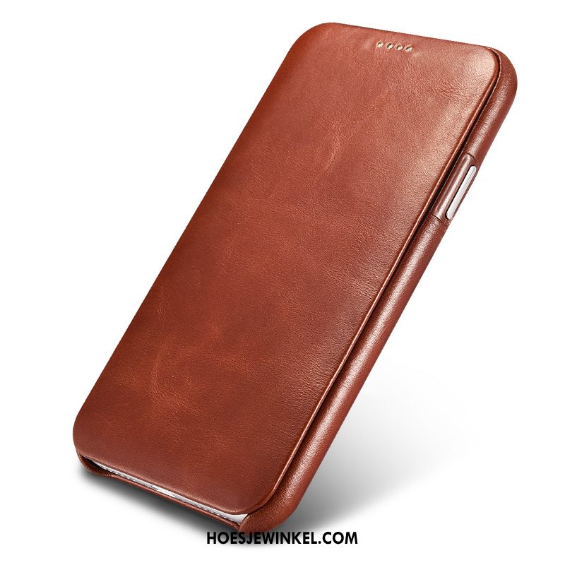 iPhone Xs Hoesje Folio Bescherming Hoes, iPhone Xs Hoesje Anti-fall Leren Etui Braun