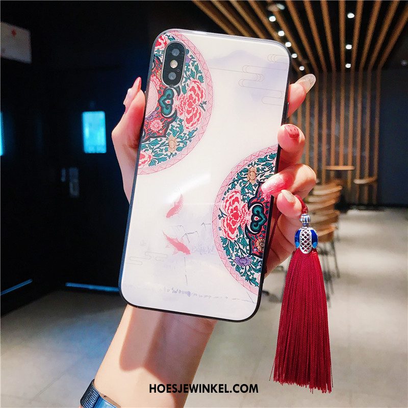 iPhone Xs Max Hoesje Bloemen Roze Glas, iPhone Xs Max Hoesje Chinese Stijl Mobiele Telefoon